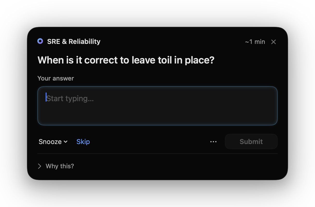 A Cue question card on SRE and Reliability asking when it is correct to leave toil in place.
